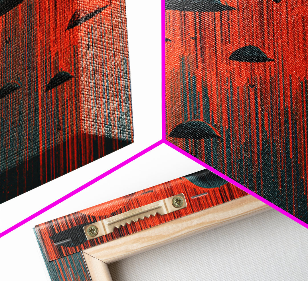 Red And Black Umbrella Storm Framed Canvas Print, Dramatic Rain Wall Art, Modern Abstract Poster, Bold MCM Wall Decor Print