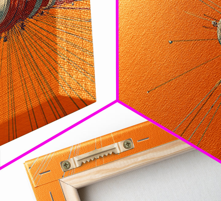 Orange Retro Space Satellite Canvas Print, Sputnik Inspired Antenna Wall Art, Modern Sci Fi Poster, Midcentury Decor Gift