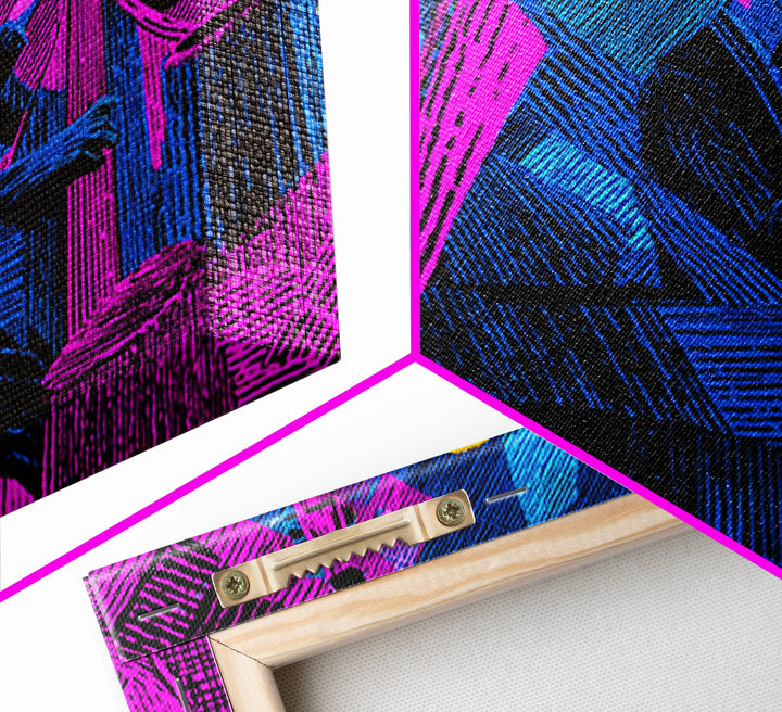 Electric Blue Magenta Jazz Club Trio Wall Art, Midcentury Modern Art Print, Neon Retro Piano Bass Music Room Decor, Poster