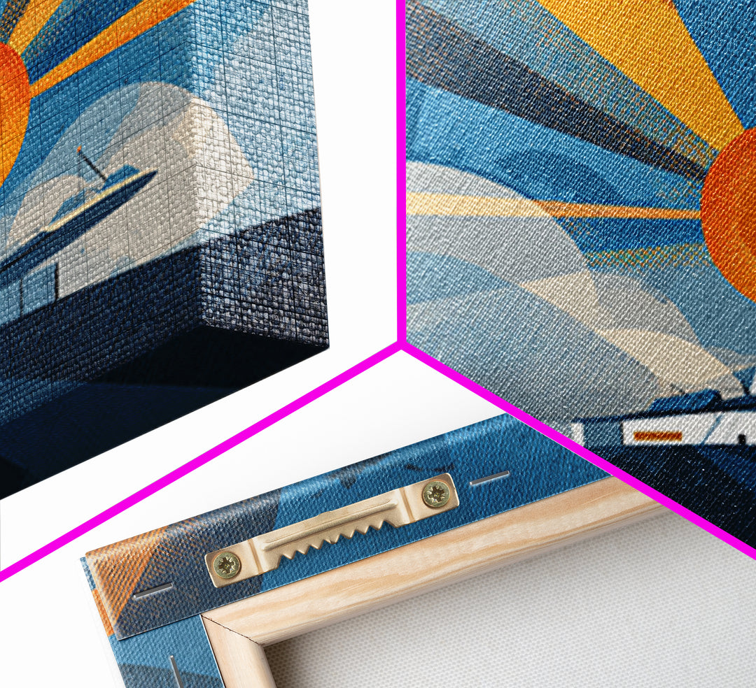 Midcentury Sailboat Sunset Wall Art, Blue Orange Ocean Rays, Retro Travel Poster, Modern Coastal Home Decor Canvas Print
