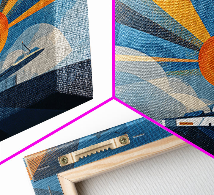 Midcentury Sailboat Sunset Wall Art, Blue Orange Ocean Rays, Retro Travel Poster, Modern Coastal Home Decor Canvas Print