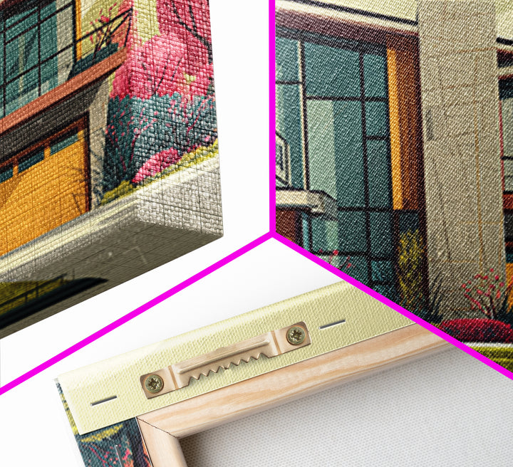 Angular Modern Home With Pink Trees Wall Art, Mid Century Modern Architecture Print, Colorful Retro Home Decor, MCM Poster