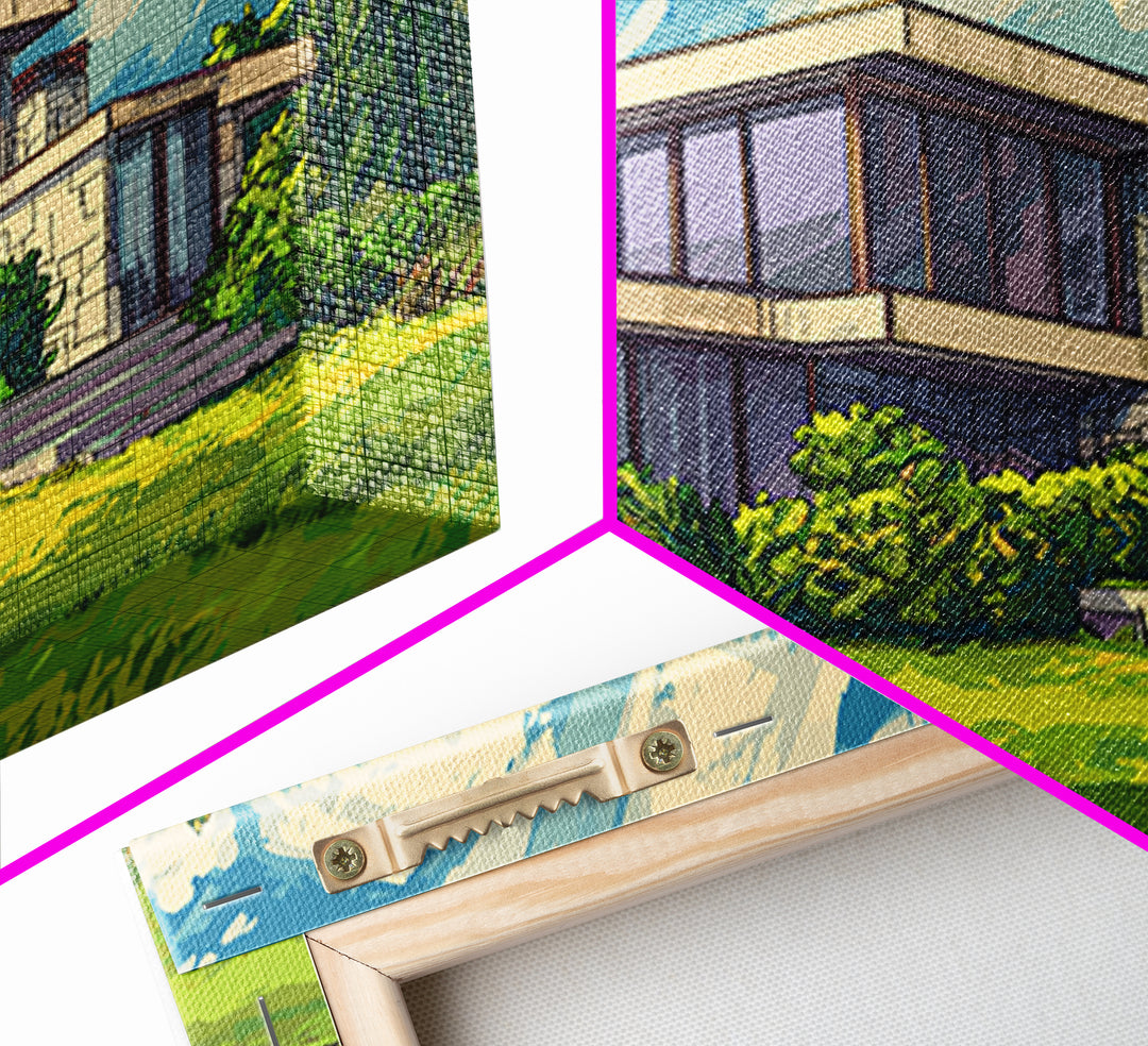 Sunlit Glass Villa And Cypress Garden Canvas Print, Mid Century Modern Wall Art, Architectural Landscape Poster, Living Room Decor