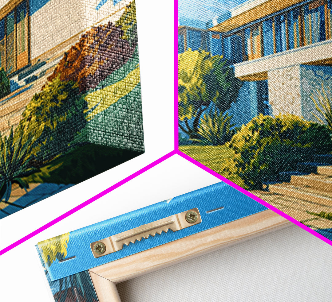 Blue Sky Modernist Villa With Cypress Framed Canvas Print, Mid Century Modern Wall Art, Palm Springs Style Home Decor Poster
