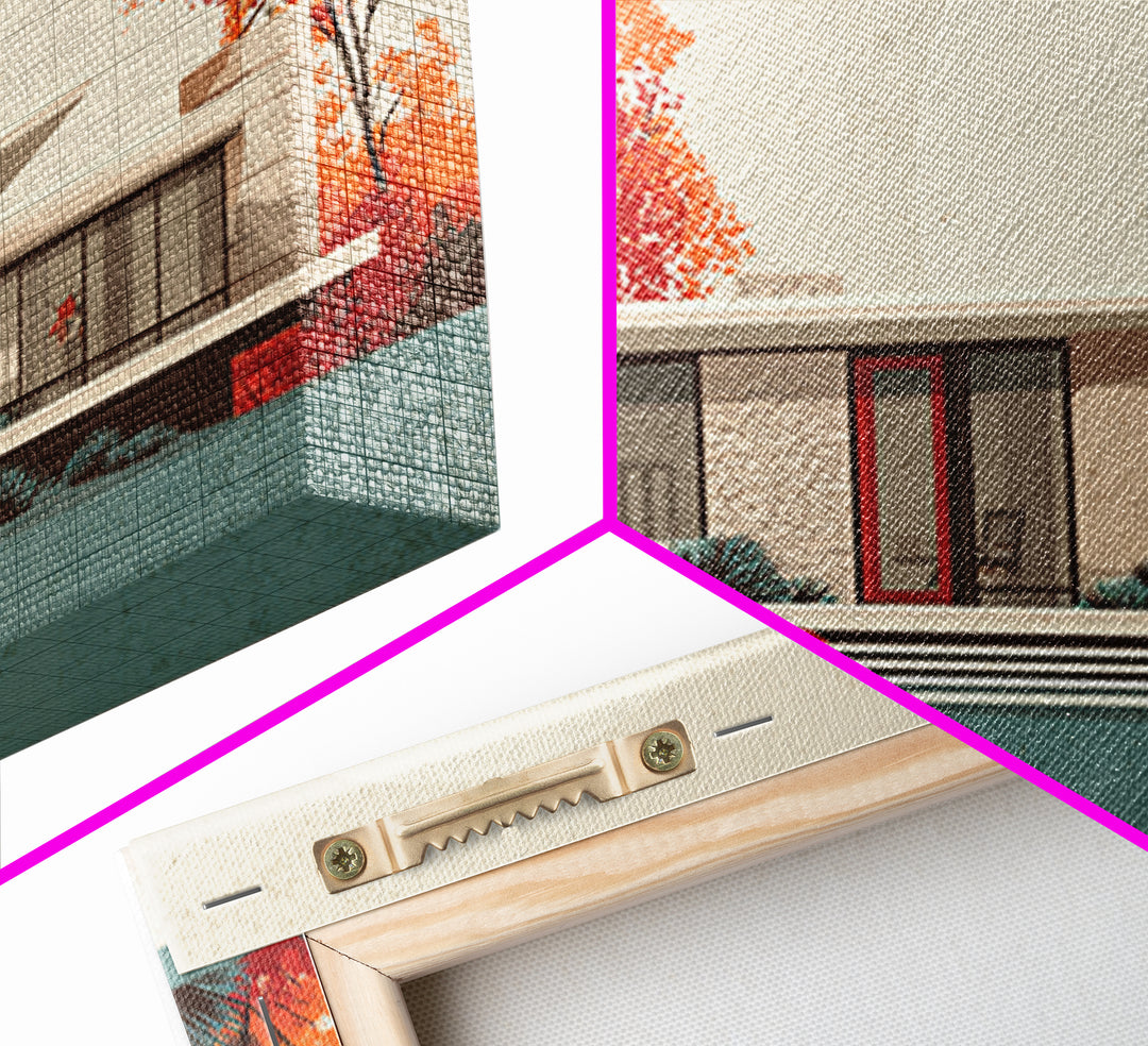 Autumn Mid Century House With Orange Trees Wall Art, Retro Modern Architecture Print, MCM Home Decor, Large Canvas Poster