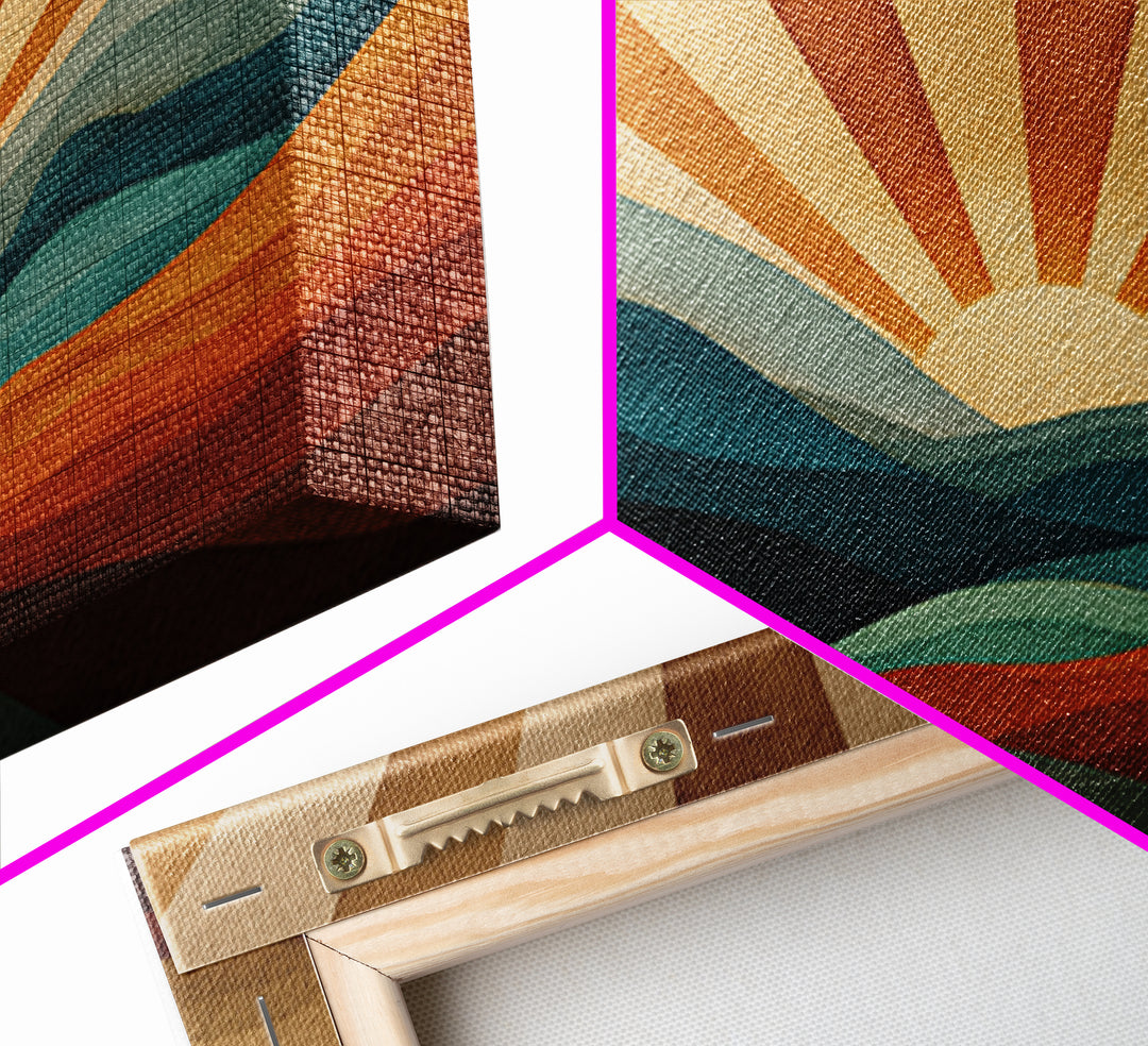 Layered Mountain Sunrise In Teal And Rust Canvas Print, Mid Century Modern Abstract Wall Art, Retro Boho Living Room Decor