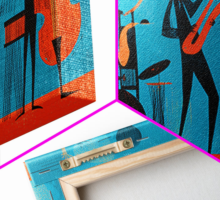 Teal Orange Midcentury Jazz Band With Drums And Bass Canvas Print, Atomic Modern Wall Art, Retro Music Room Decor, Poster