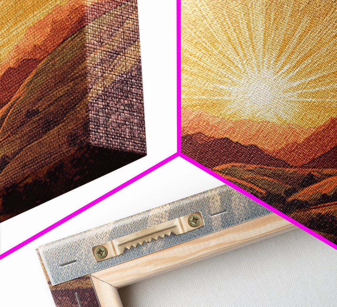 Golden Sunrise Over Rolling Hills Wall Art, Scenic Landscape Poster, Mid Century Modern Nature Art, Warm Bedroom Decor Print