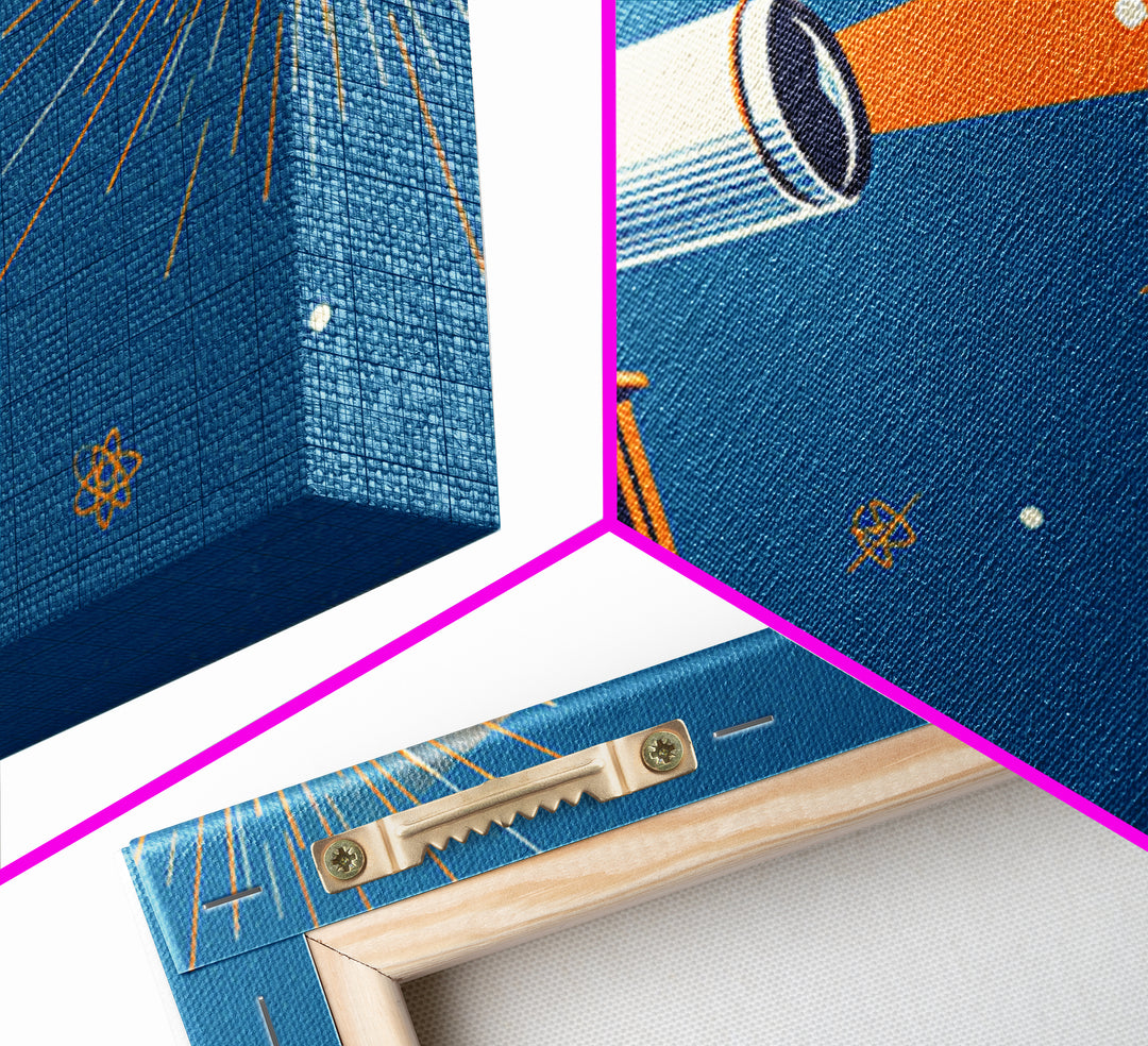 Mid Century Telescope Beam Wall Art, Atomic Space Illustration, Blue Orange Retro Poster For Modern Science Room Home Decor