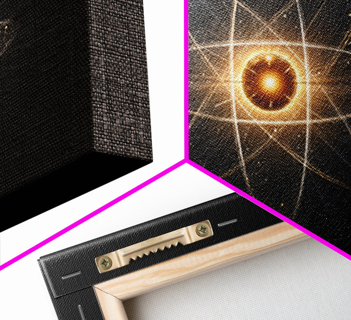 Glowing Atomic Starburst Orbit Wall Art, Midcentury Modern Science Poster, Black Gold Abstract Art Print, Retro Space Decor