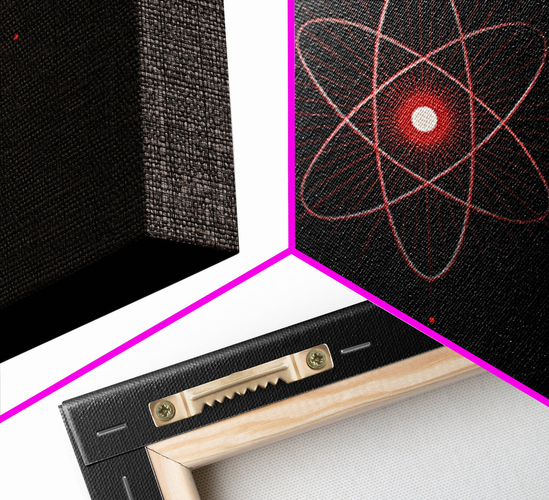Red Atomic Orbit Canvas Print, Minimal Midcentury Science Poster, Black Space Wall Decor, Geometric Modern Abstract Art Print
