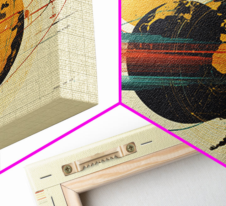 Retro Globe Orbit Wall Art, Midcentury Modern Map Poster, Orange Sun Abstract Geometric Print, Stylish MCM Home Office Decor