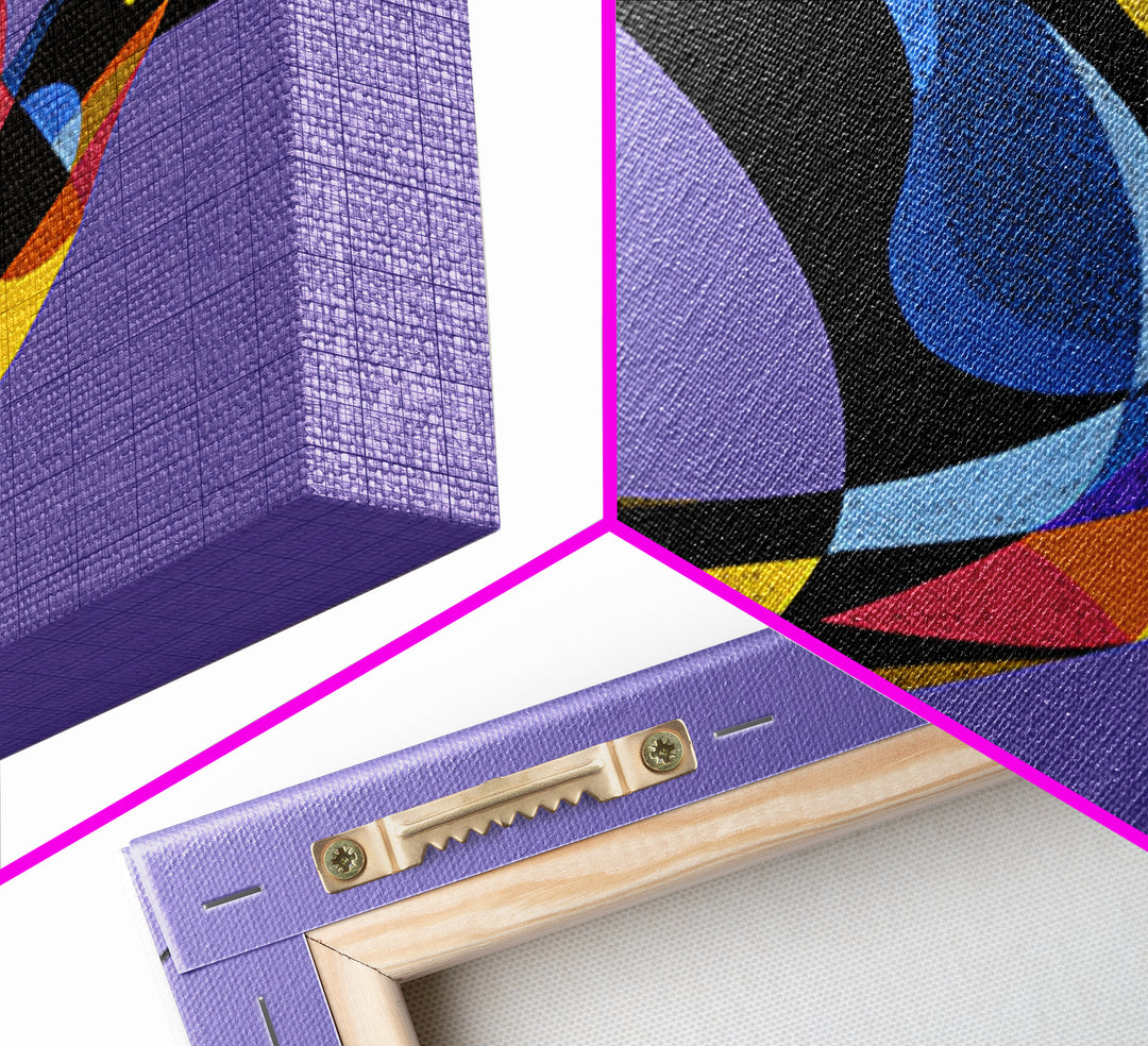 Colorful Swallow Bird On Purple Framed Canvas Print, Mid Century Modern Wall Art, Retro Atomic Decor, Geometric Art Print