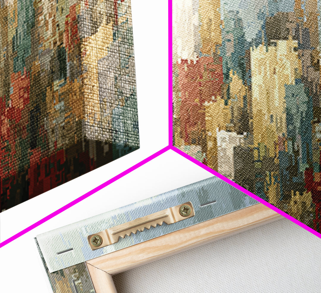 Rainy Impressionist City Skyline Framed Canvas Print, Modern Wall Art, Urban Landscape Decor, Office Poster, Soft Abstract Art