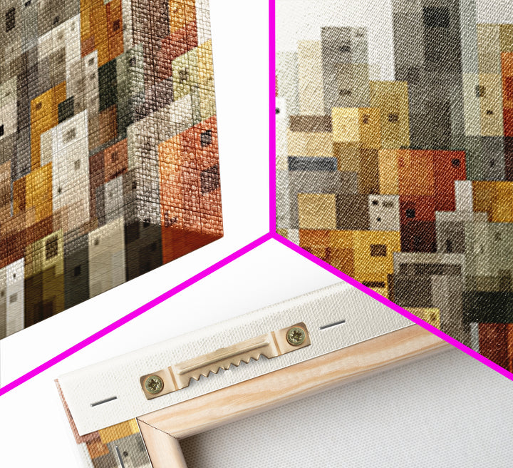 Whimsical Cubist City Blocks Canvas Print, Mid Century Modern Wall Art, Geometric Buildings Decor, Kids Room Cityscape Poster