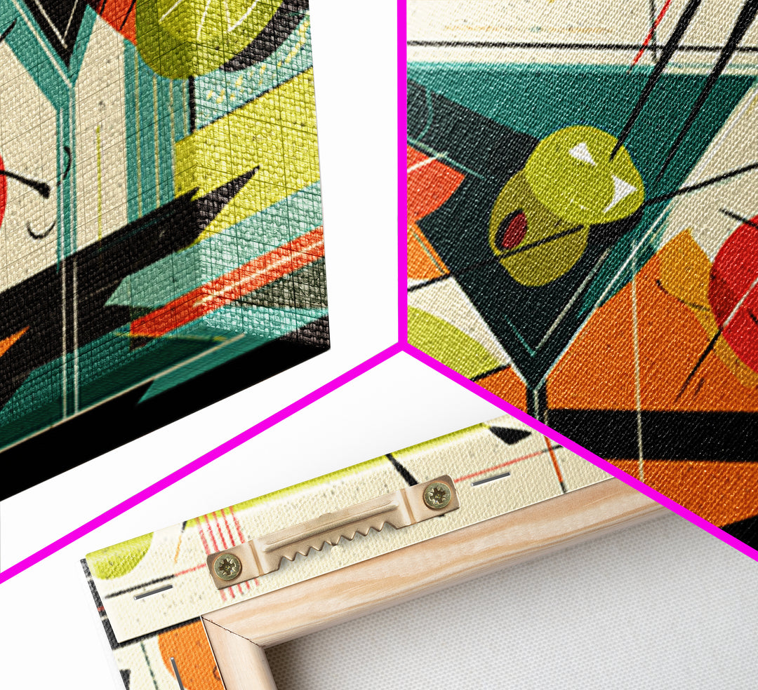 Olive Martini Glasses With Lime, Midcentury Modern Wall Art, Retro Cocktail Print, Atomic Bar Decor, Colorful MCM Poster