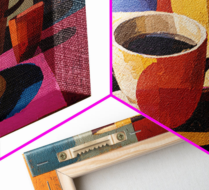 Cubist Coffee Cups Still Life, Framed Canvas Print, Midcentury Kitchen Art, Retro Coffee Poster, Colorful Home Decor Print