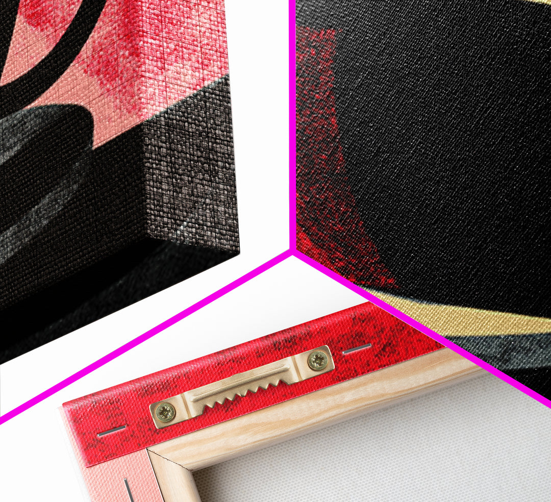 Black Coffee Cup On Pink Red Abstract, Wall Art, Modern Kitchen Poster, Retro Cafe Print, Bold Geometric Home Decor Gift