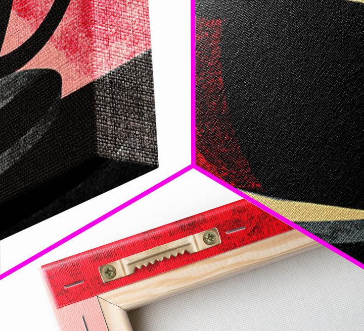 Black Coffee Cup On Pink Red Abstract, Wall Art, Modern Kitchen Poster, Retro Cafe Print, Bold Geometric Home Decor Gift