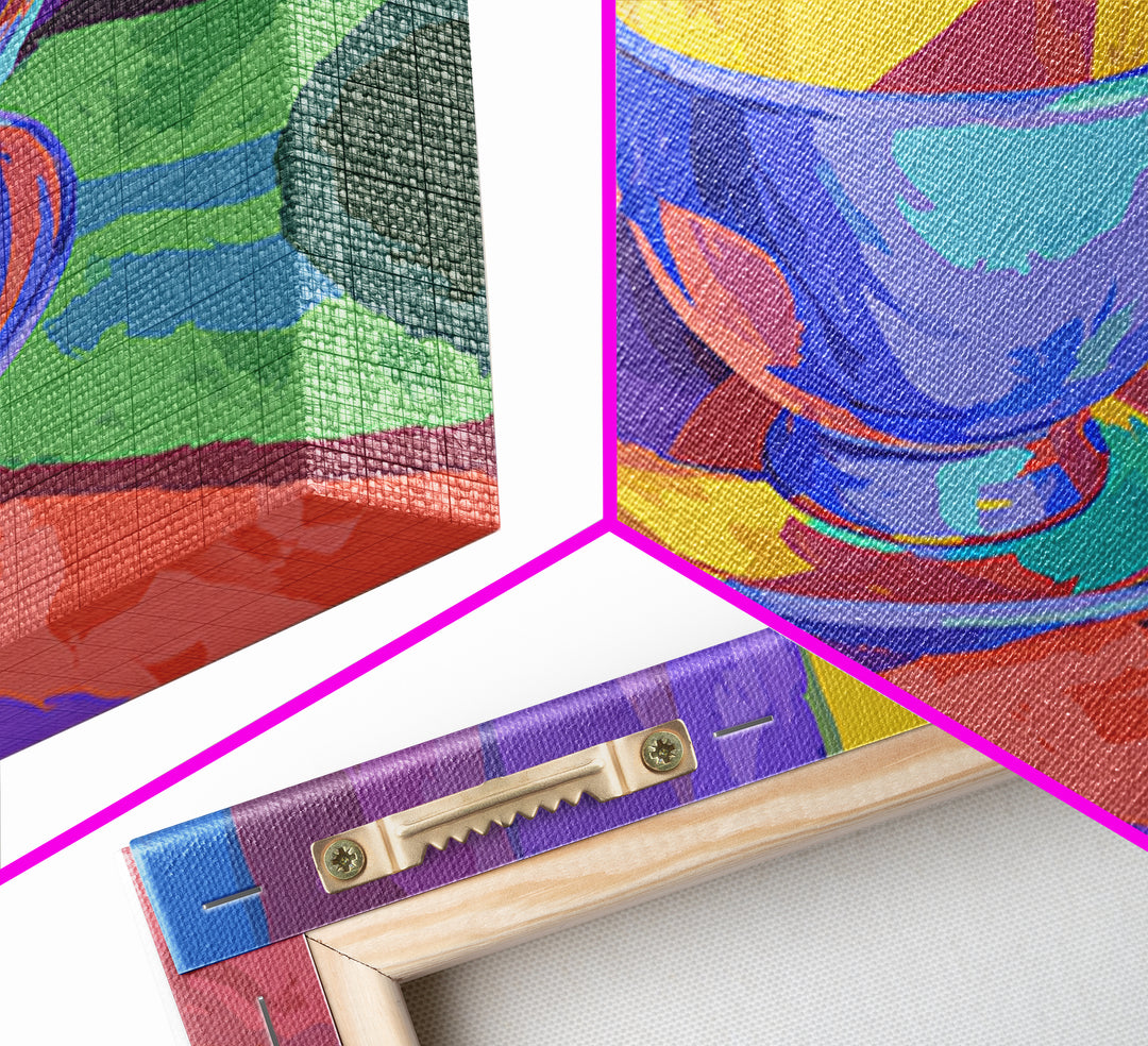Rainbow Blue Teacup Still Life, Framed Canvas Print, Colorful Modern Wall Art, Retro Kitchen Poster, Bright Home Decor Gift