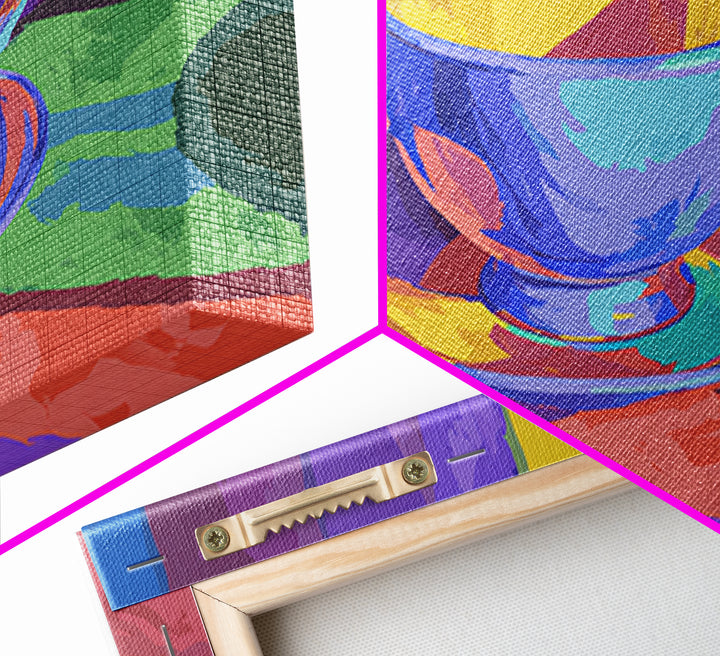 Rainbow Blue Teacup Still Life, Framed Canvas Print, Colorful Modern Wall Art, Retro Kitchen Poster, Bright Home Decor Gift