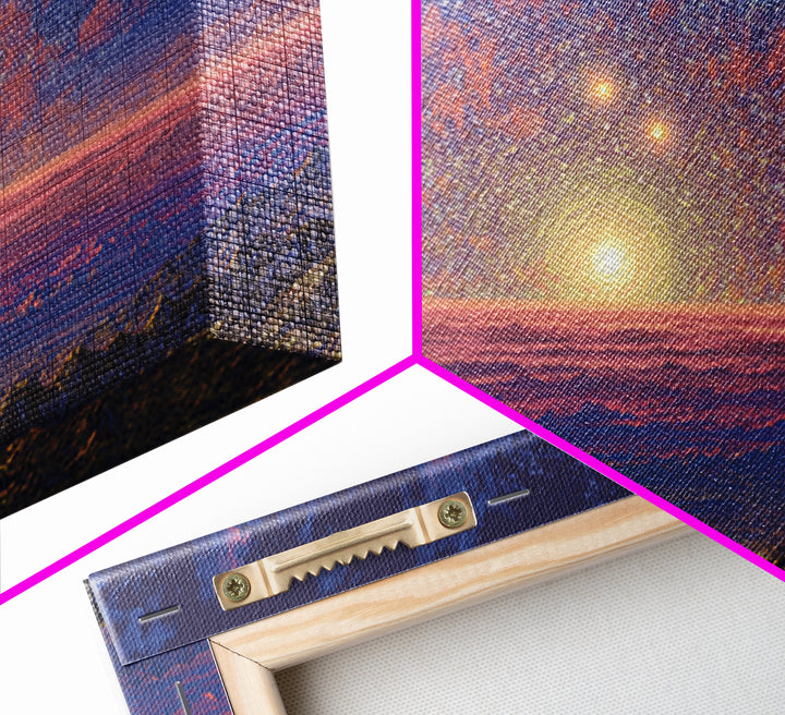 Starry Mountain Sunrise Canvas Print, Scenic Space Abstract Art, Blue Pink Landscape Wall Decor, Modern Home Art Poster Gift