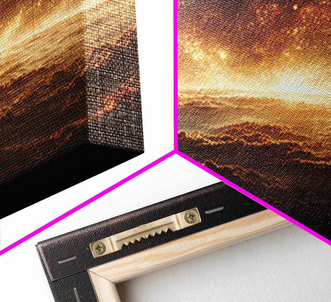 Golden Cosmic Horizon Framed Canvas Print, Space Abstract Art, Starry Cloudscape Wall Decor, Modern Wall Art For Bedroom