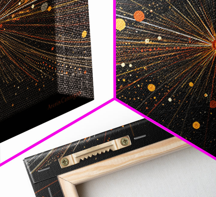 Golden Starburst Lines And Dots Canvas Print, Modern Abstract Art, Atomic Retro Wall Art Decor For Living Room Home Office