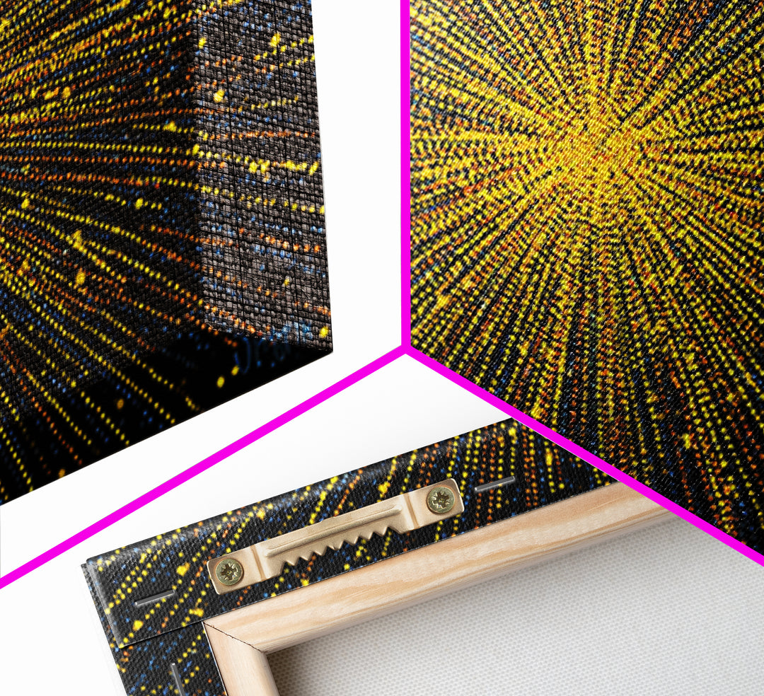 Radiant Yellow Dotted Starburst Canvas Print, Modern Abstract Art, Cosmic Retro Wall Art, Bold Geometric Decor For Home Office