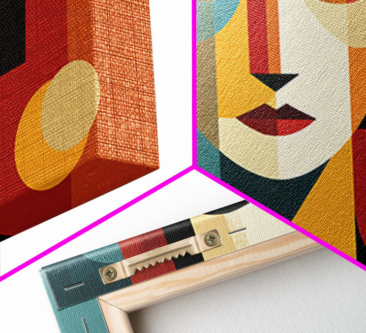 Cubist Geometric Woman Face Framed Canvas Print, Midcentury Modern Art, Bauhaus Poster, Color Block Living Room Wall Decor