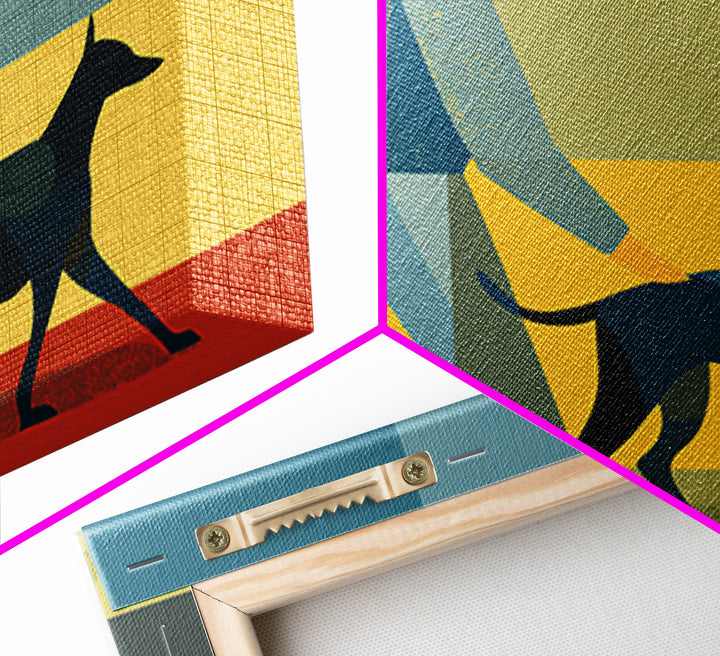 Man Walking Dog Color Block Wall Art, Midcentury Modern Print, Retro Geometric Poster, Blue Yellow Living Room Home Decor