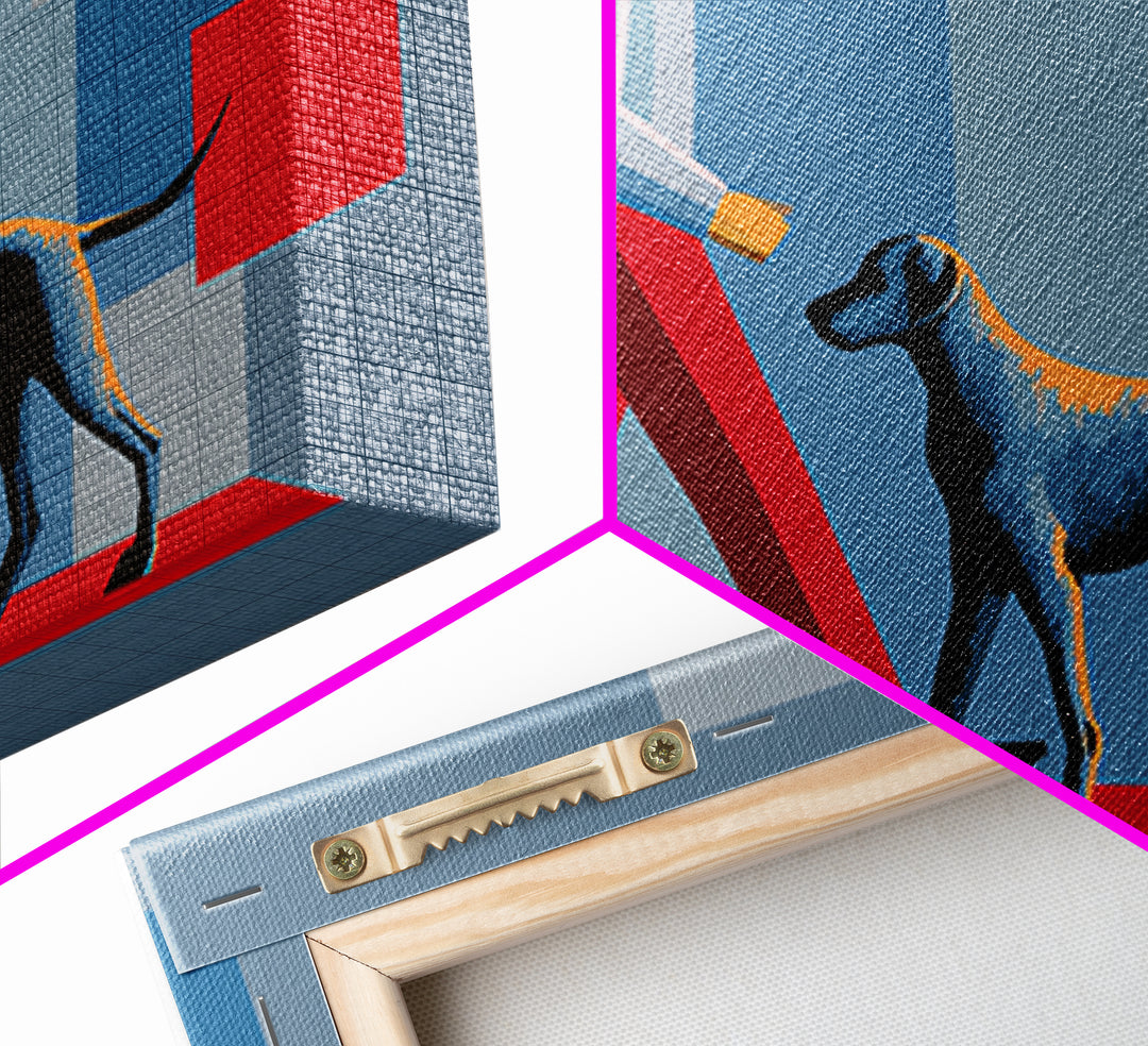 Stylish Man Walking Grey Dog Wall Art, Midcentury Modern Canvas Print, Blue Red Geometric Decor, Masculine Office Artwork