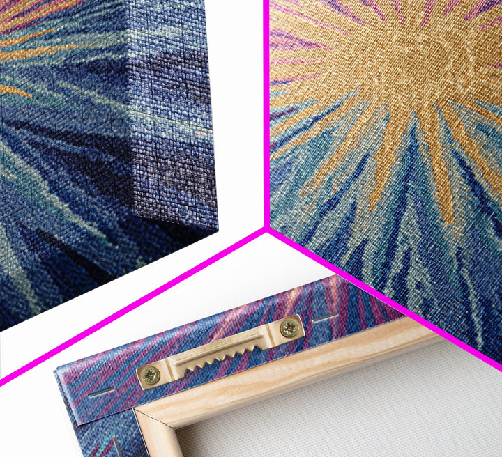 Blue Purple And Gold Radiant Sunburst Framed Canvas Print, Midcentury Modern Abstract Art, Textured Statement Wall Decor