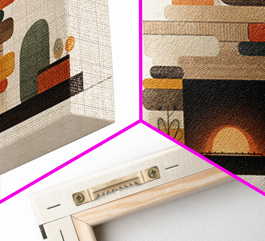 Cozy Midcentury Fireplace Wall Art, Warm Geometric Hearth Canvas Print, Retro MCM Home Decor For Living Room And Office Decor
