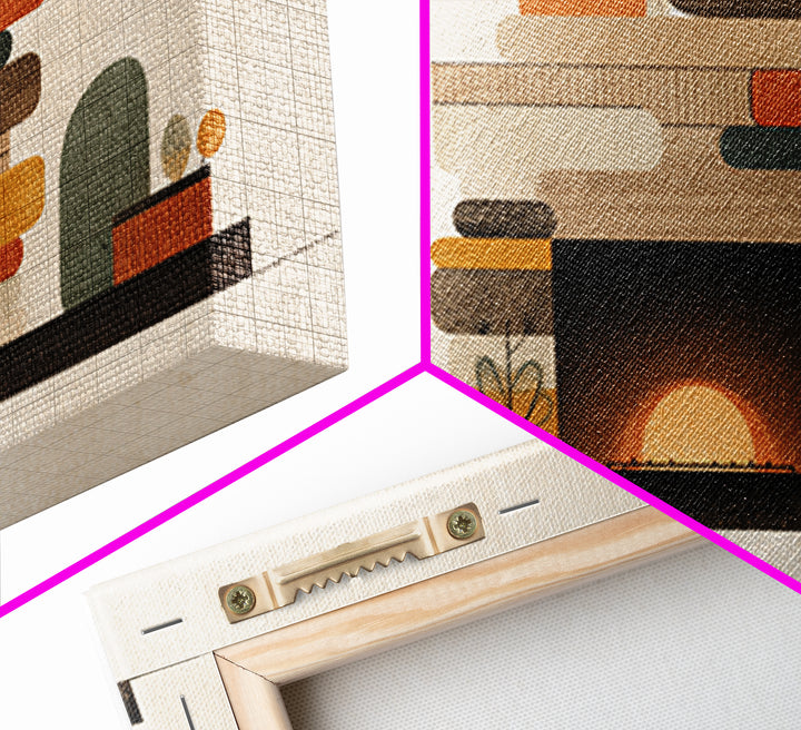 Cozy Midcentury Fireplace Wall Art, Warm Geometric Hearth Canvas Print, Retro MCM Home Decor For Living Room And Office Decor