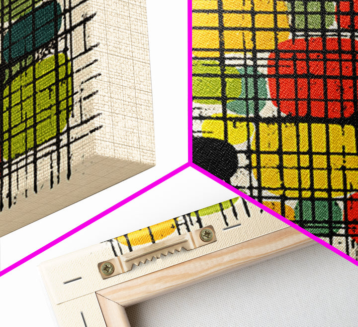 Colorful Grid Abstract Painting, Midcentury Modern Wall Art, Geometric Shapes Poster, Retro MCM Home Decor Canvas Print Gift