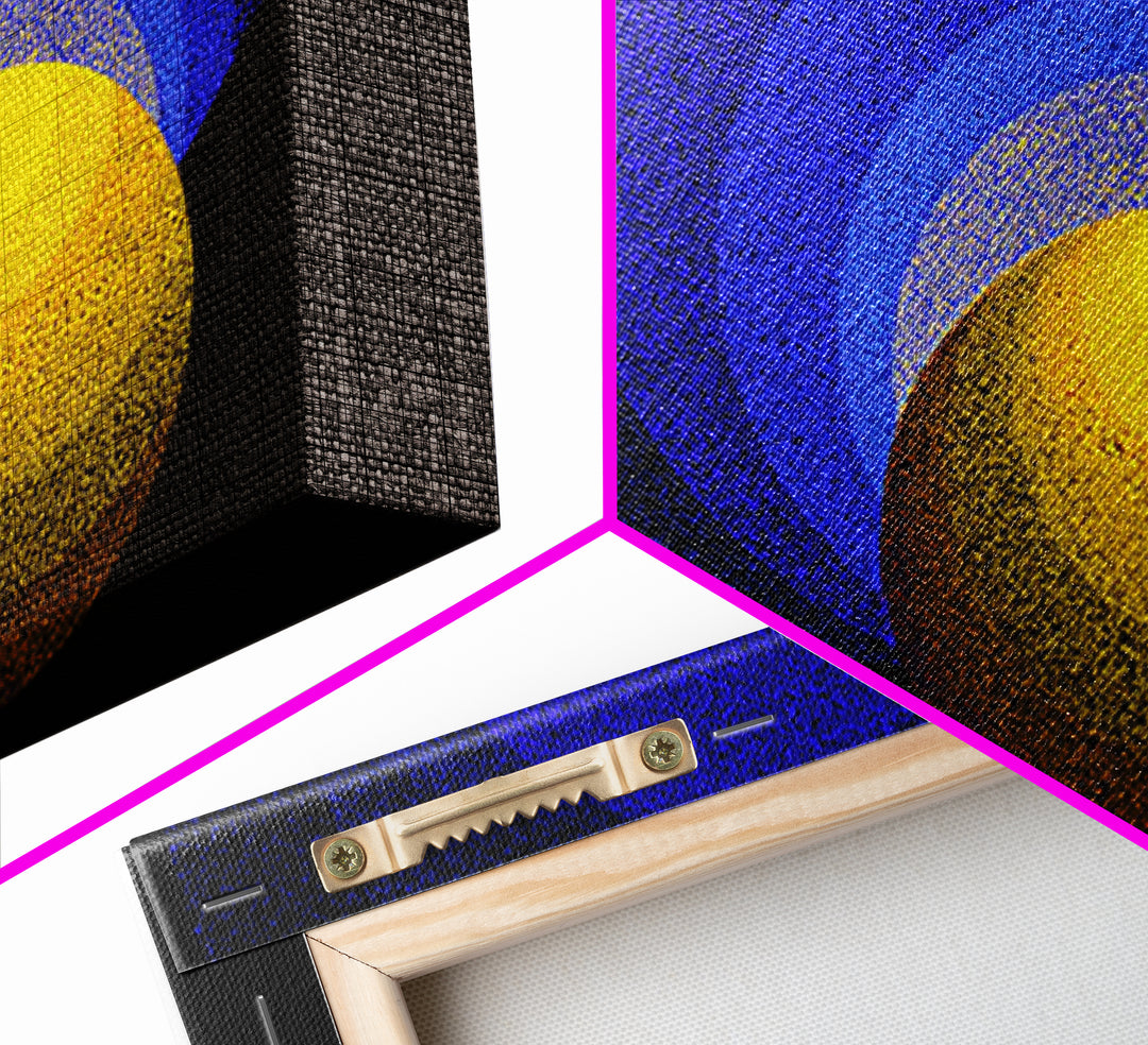 Blue Yellow Planet Spheres Wall Art, Cosmic Abstract Canvas Print, Modern Digital Art, Space Decor For Office Or Game Room