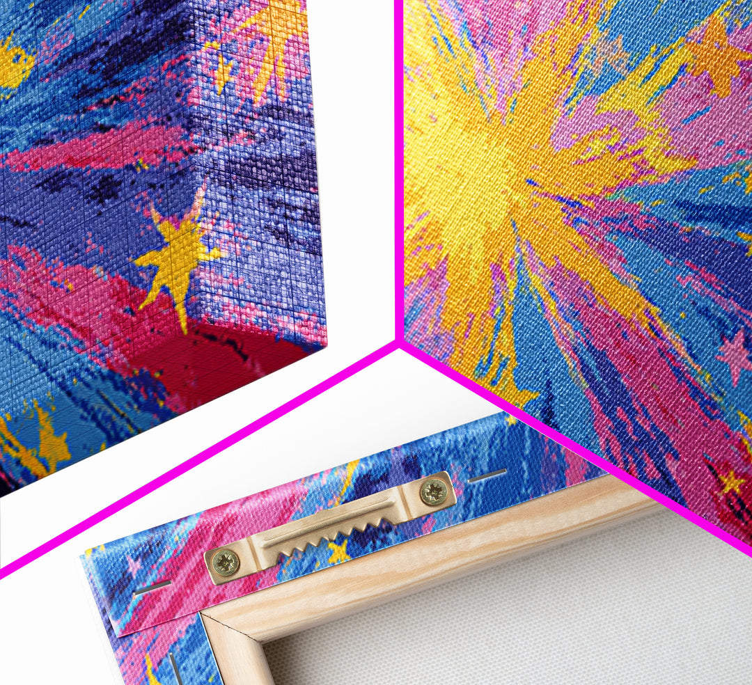 Pink Blue Yellow Star Explosion Canvas Print, Colorful Modern Wall Art, Retro Abstract Poster, Bright Kids Room Nursery Decor