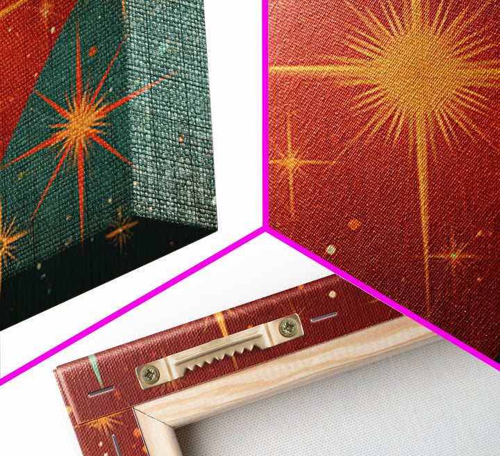 Red Teal Atomic Starburst Wall Art, Midcentury Modern Art Print, Retro Space Abstract, Warm MCM Living Room Statement Home Decor