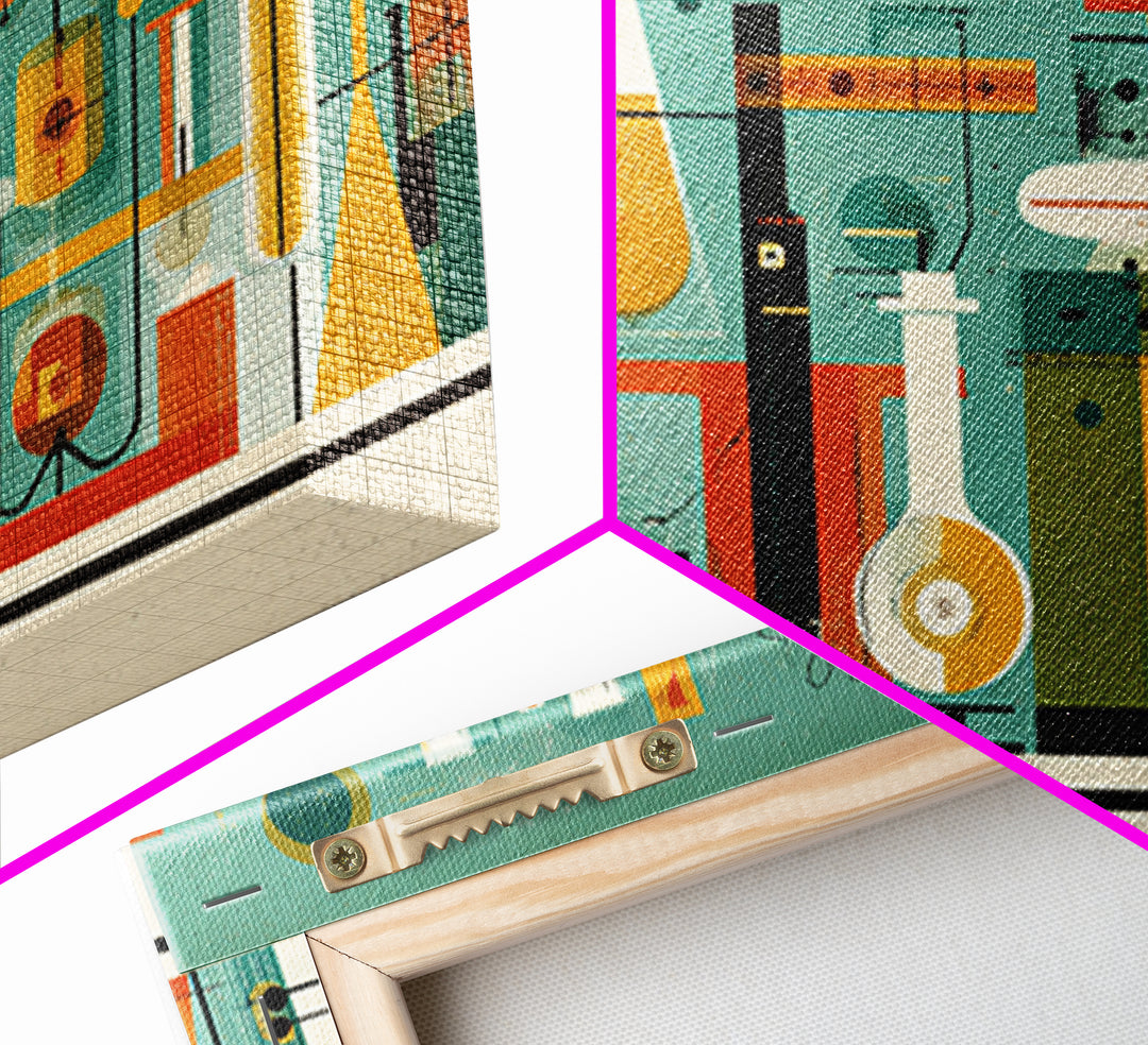 Retro Chemistry Lab With Beakers Wall Art, Midcentury Modern Science Print, Atomic Decor, Teal Orange Laboratory Artwork