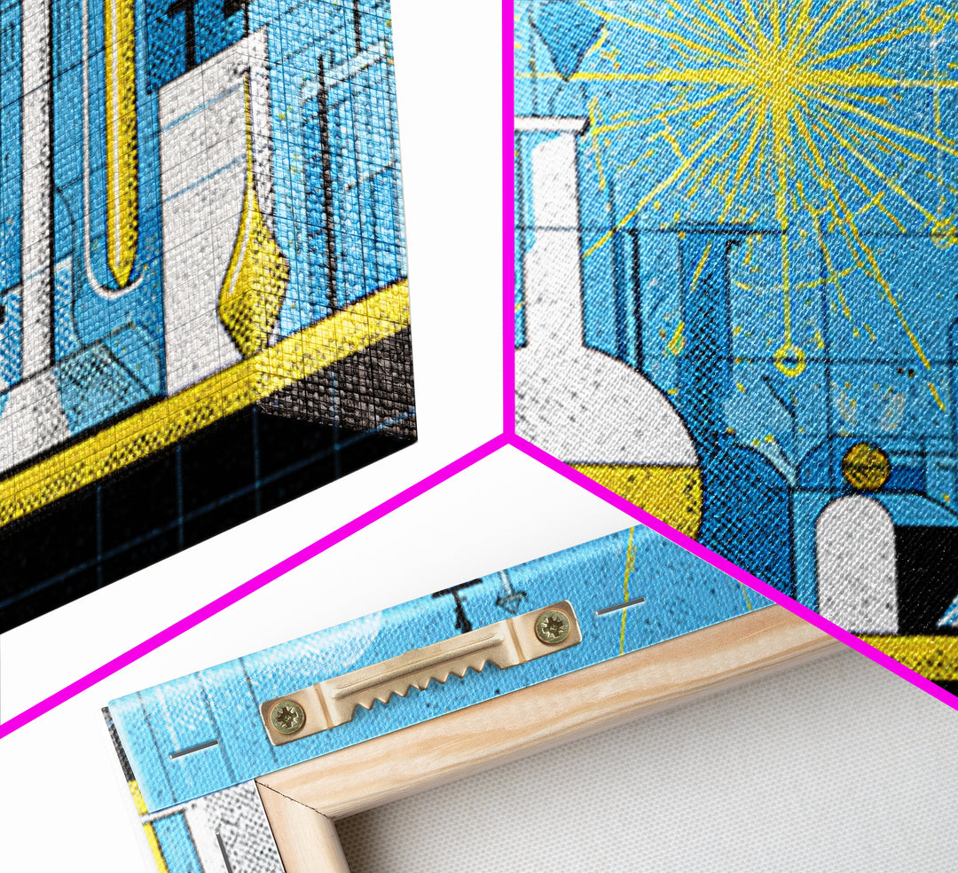 Blue Atomic Science Lab Canvas Print, Midcentury Modern Art, Yellow Sunburst Chemistry Decor, Retro Laboratory Wall Decor