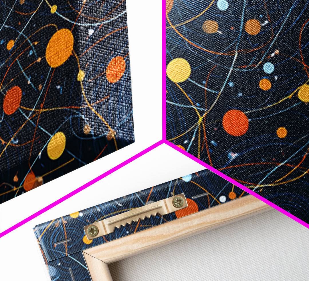Dark Blue Orange Orbital Wall Art, Midcentury Modern Atomic Abstract Print, Cosmic Geometric Decor, MCM Retro Space Poster