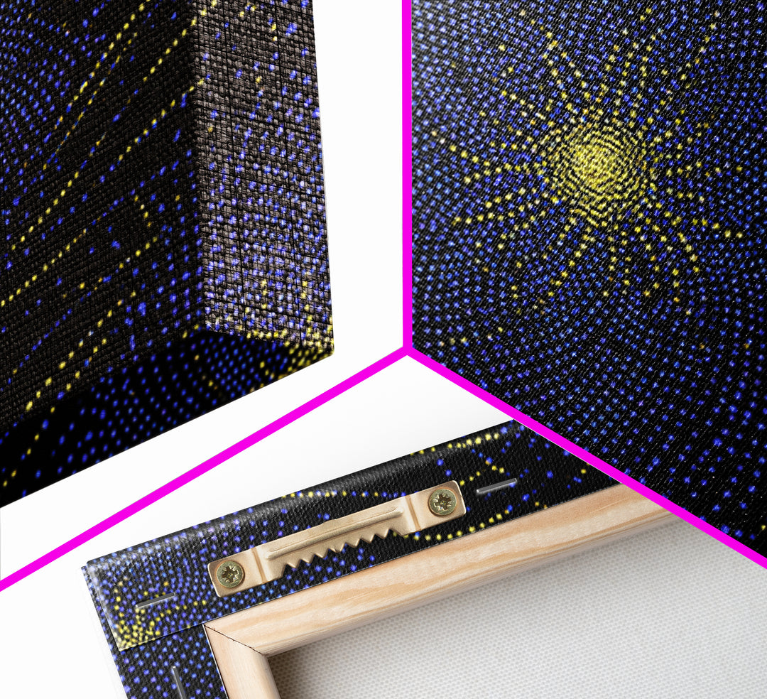 Blue Yellow Dotted Wave Canvas Print, Midcentury Modern Abstract Art, Optical Op Art Starburst, Cosmic Geometric Wall Decor