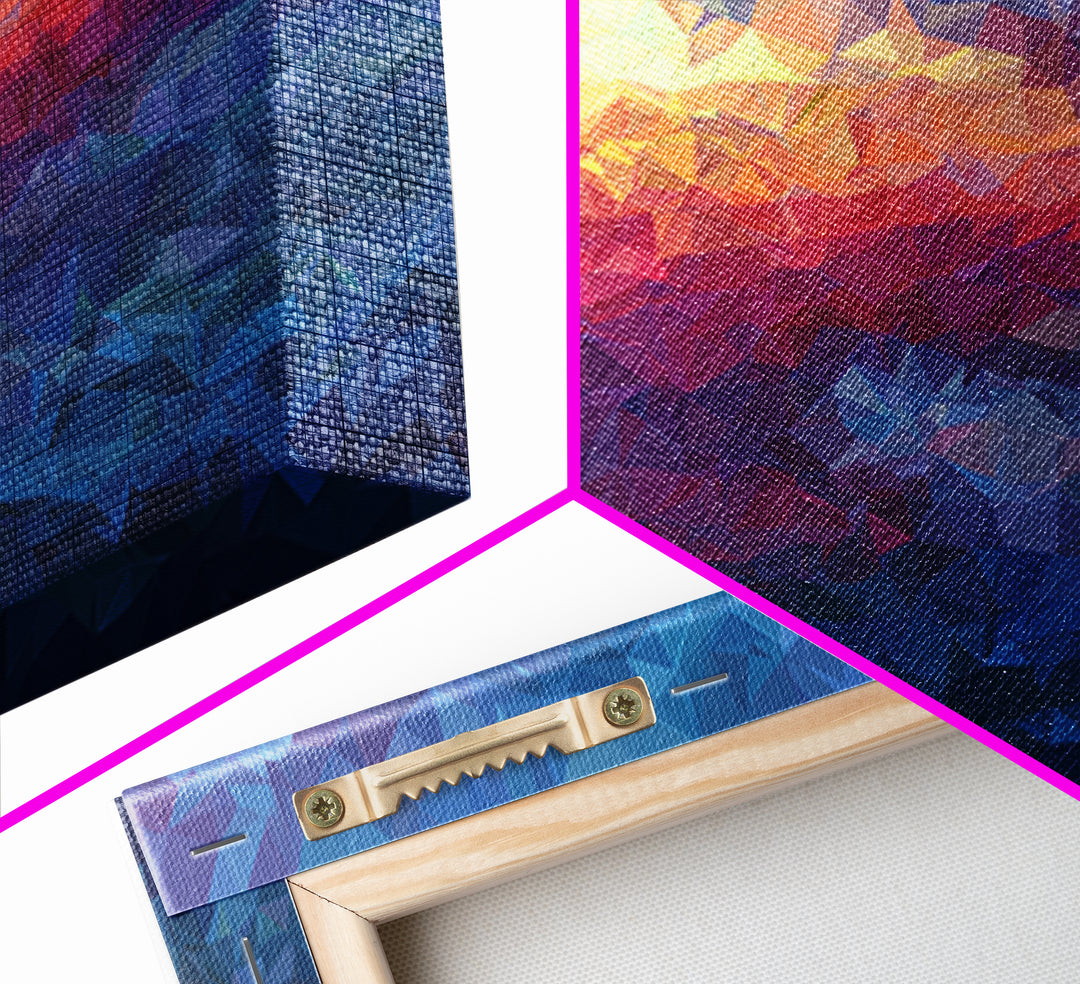 Low Poly Sunset Mountain Lake Wall Art, Colorful Geometric Art Print, Modern Home Decor, Living Room Framed Canvas Print
