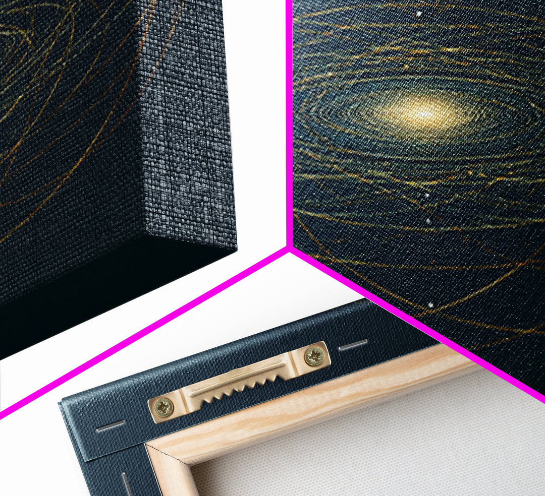 Golden Orbital Galaxy Mandala Framed Canvas Print, Midcentury Modern Abstract Art, Dark Teal Cosmic Geometric Wall Decor