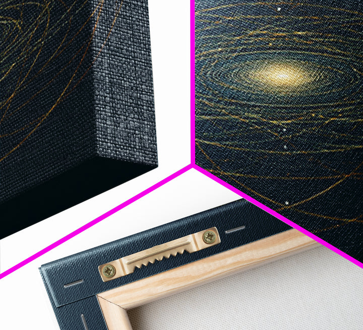 Golden Orbital Galaxy Mandala Framed Canvas Print, Midcentury Modern Abstract Art, Dark Teal Cosmic Geometric Wall Decor