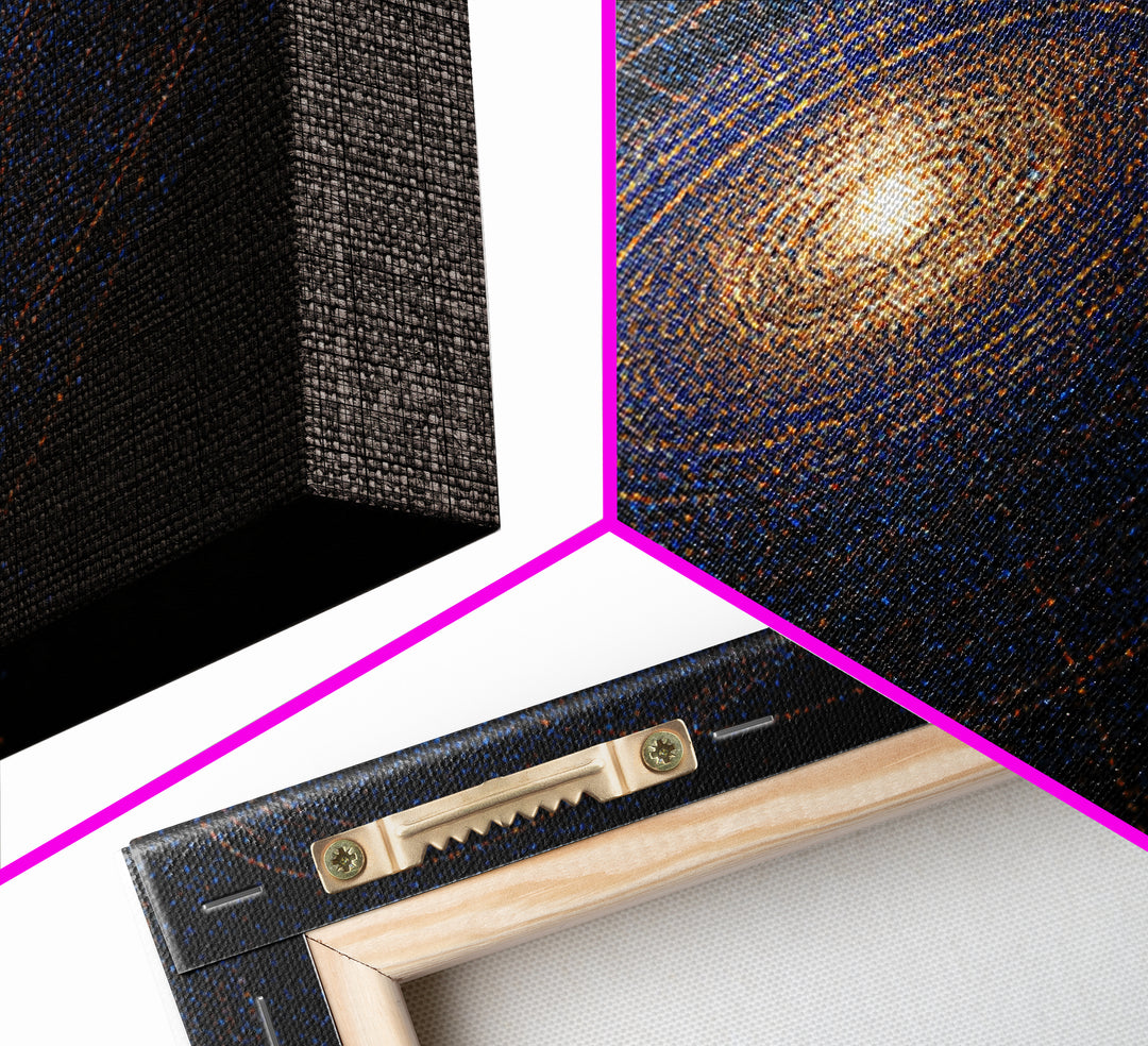 Blue Orange Spiral Galaxy Framed Canvas Print, Cosmic Space Abstract Art, Modern Wall Art, Digital Science Poster, Office Decor