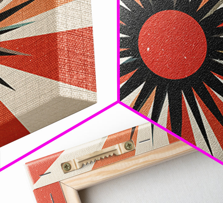 Red Black Retro Sunburst Wall Art, Midcentury Atomic Art Print, Orange Cream Geometric Poster, 60s Modern Living Room Wall Decor