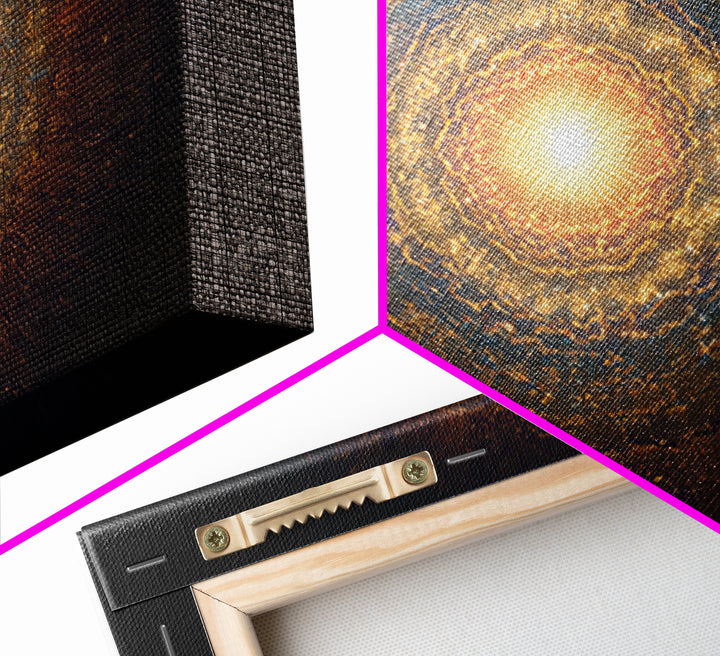 Golden Cosmic Mandala Framed Canvas Print, Abstract Spiritual Art, Modern Wall Art, Radiant Space Poster, Meditation Decor