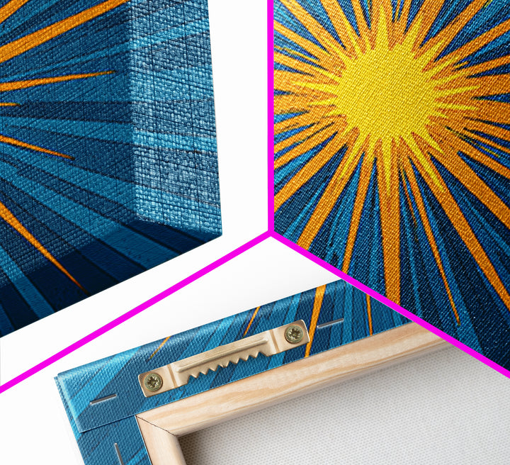Blue Yellow Pop Art Sunburst Wall Art, Midcentury Modern Decor, Retro Geometric Print, Atomic MCM Living Room Decor Gift